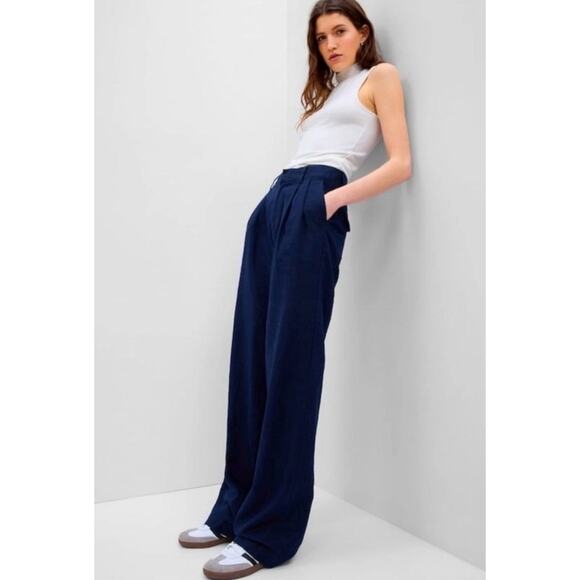 GAP Uniform Navy High Rise Linen Cotton Pleated Wide Leg Pants plus 20 NWT - Picture 1 of 13